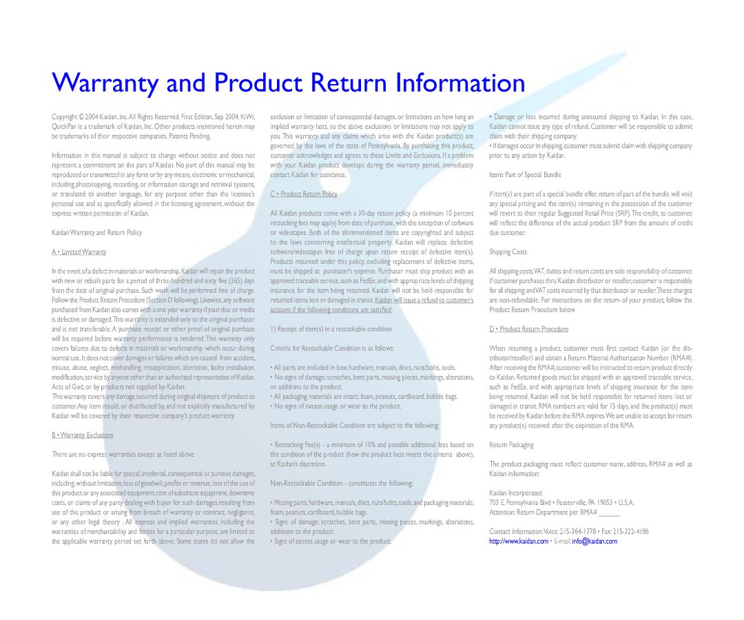 Kaidan Tripod manual Warranty and Product Return Information, Kaidan Warranty and Return Policy Limited Warranty 