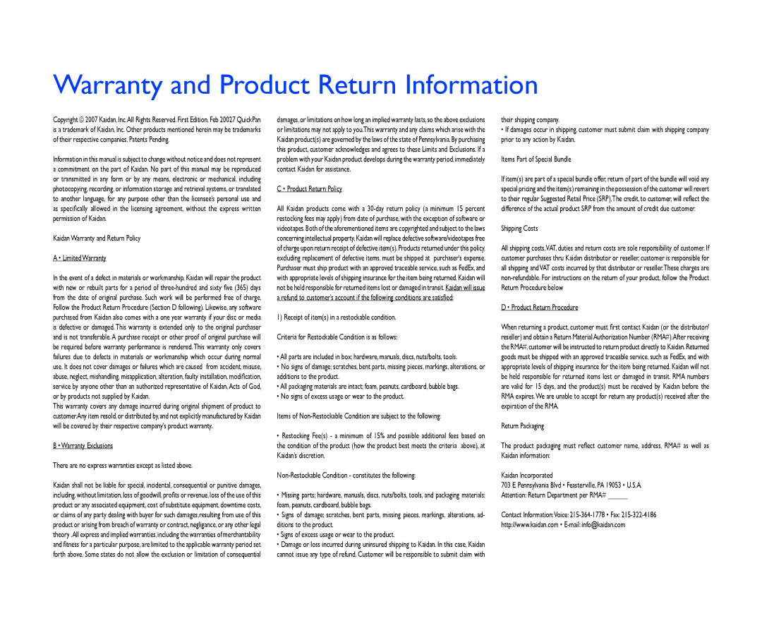 Kaidan V1.4 manual Warranty and Product Return Information, Kaidan Warranty and Return Policy Limited Warranty 