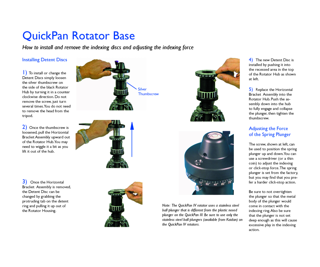 Kaidan V1.4 manual QuickPan Rotator Base, Installing Detent Discs 