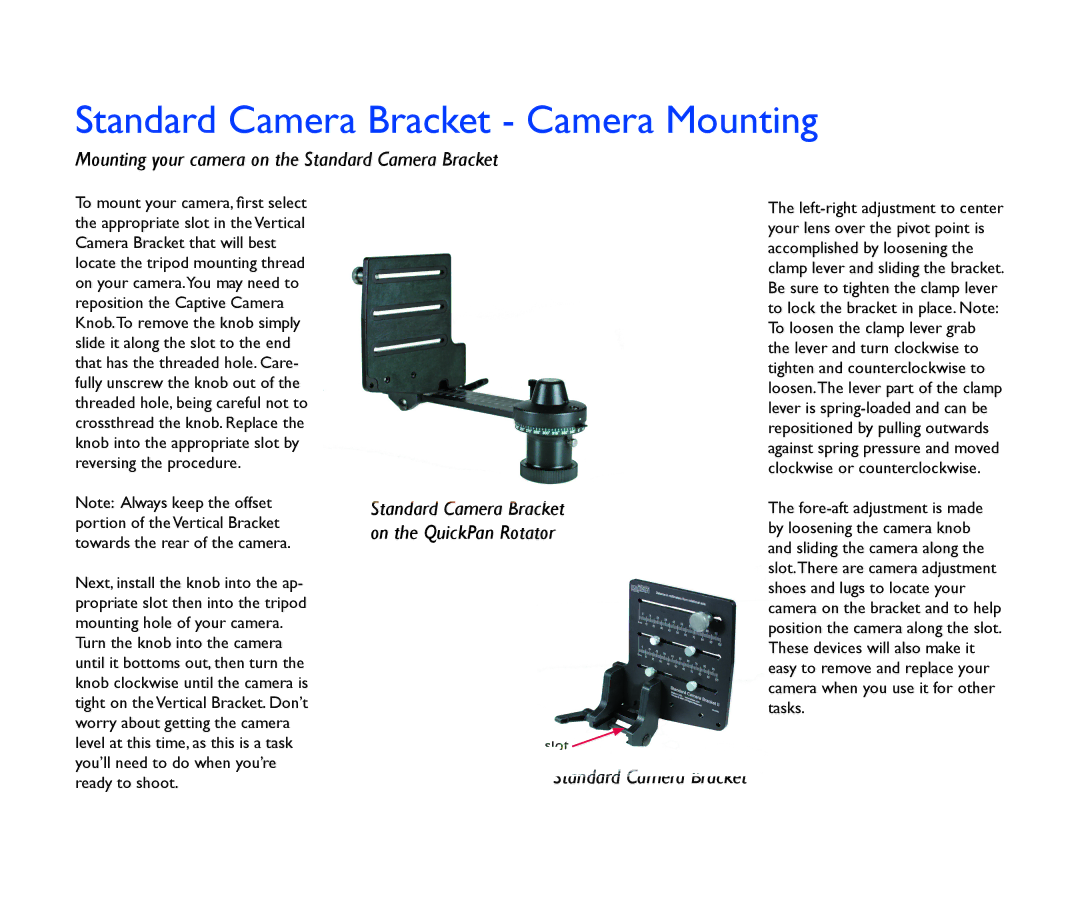 Kaidan V1.4 manual Standard Camera Bracket Camera Mounting, Mounting your camera on the Standard Camera Bracket 