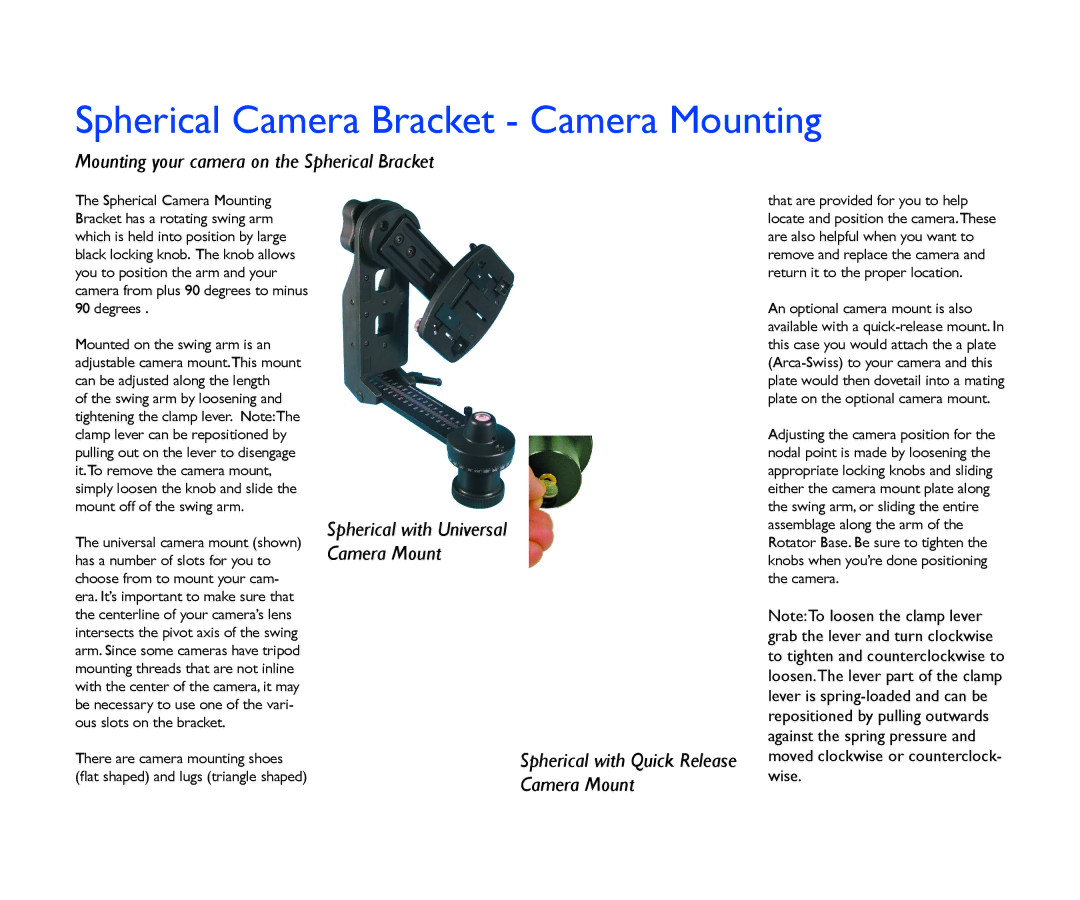 Kaidan V1.4 manual Spherical Camera Bracket Camera Mounting, Spherical with Quick Release Camera Mount 