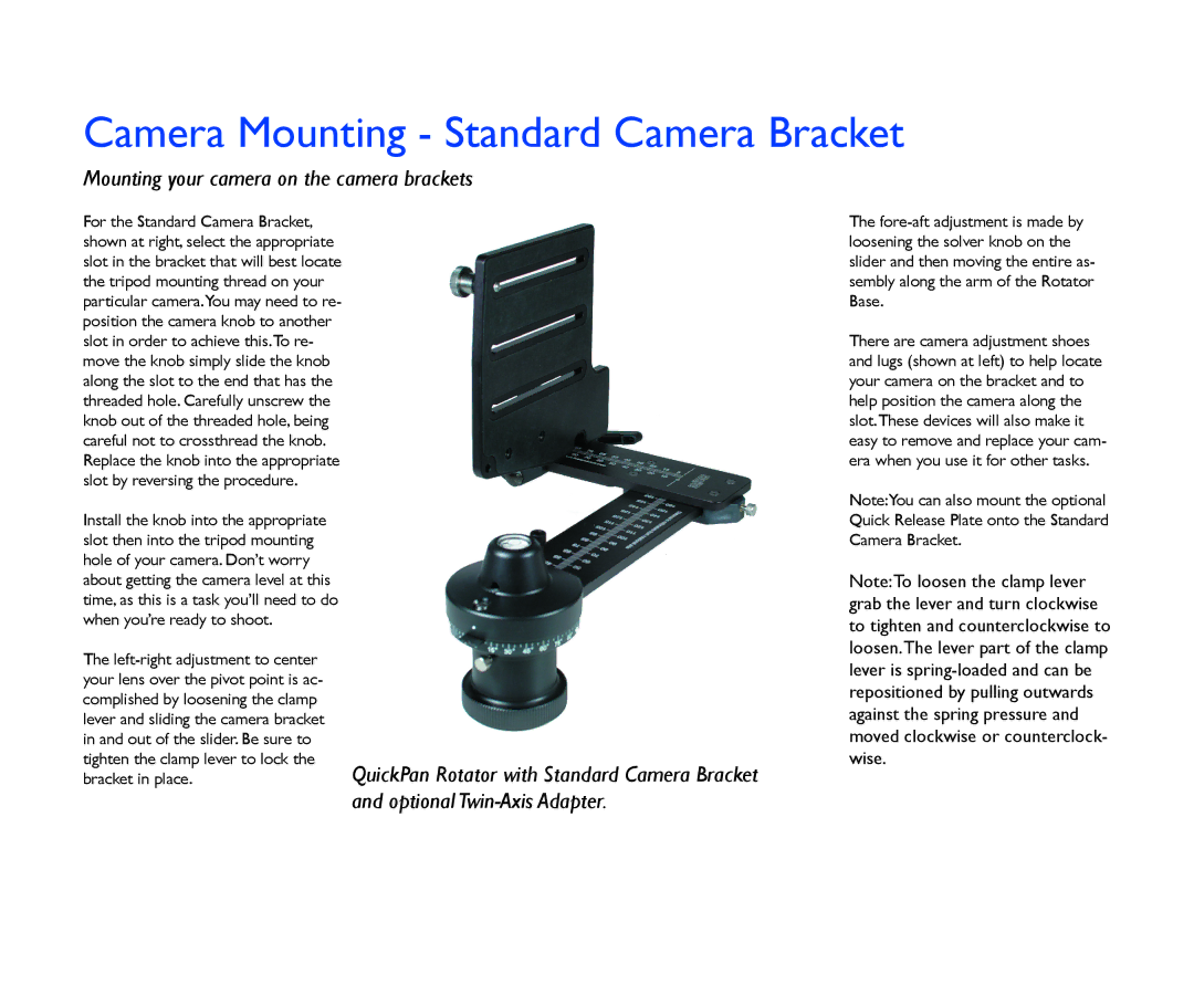 Kaidan V1.4 manual Camera Mounting Standard Camera Bracket, Mounting your camera on the camera brackets 