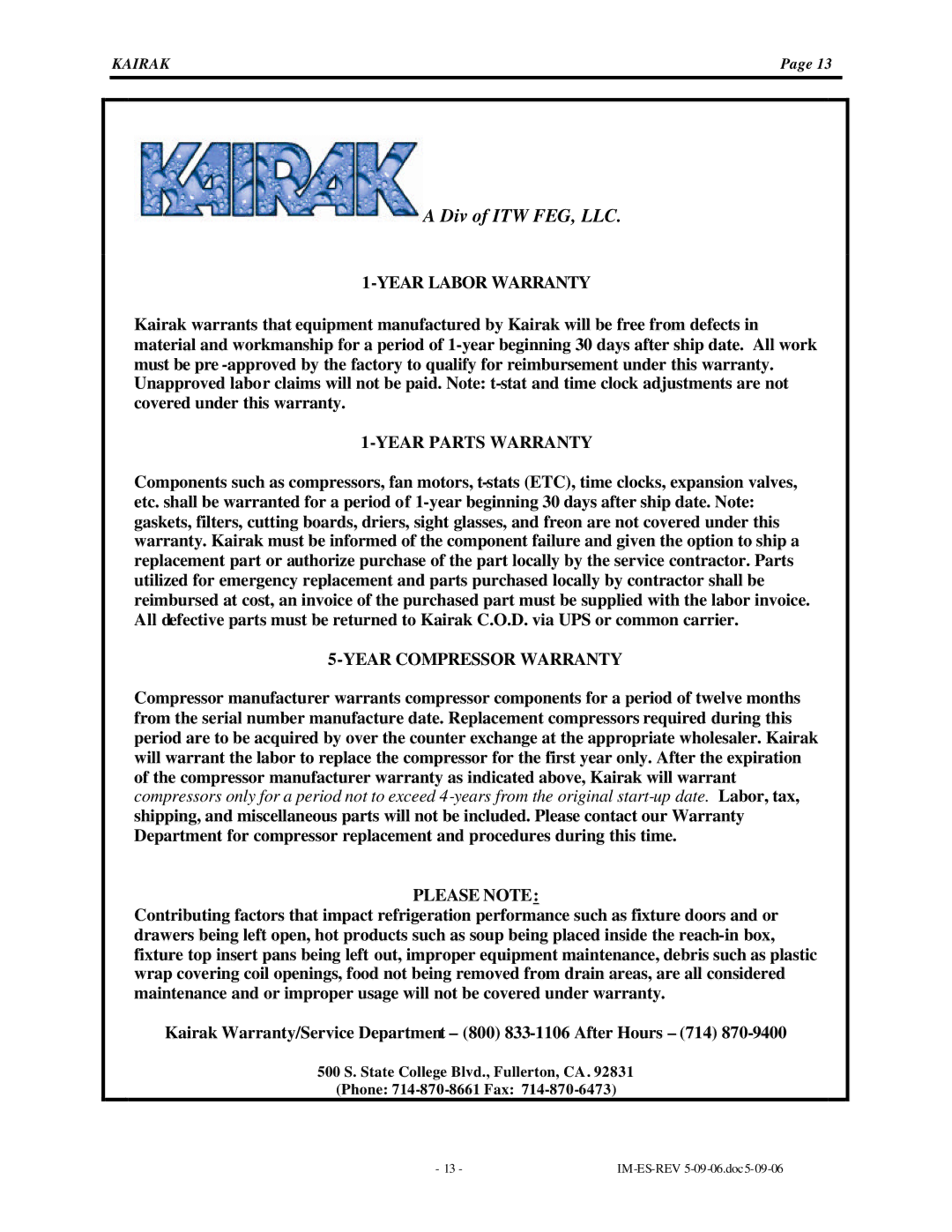 Kairak KRES instruction manual Year Labor Warranty 