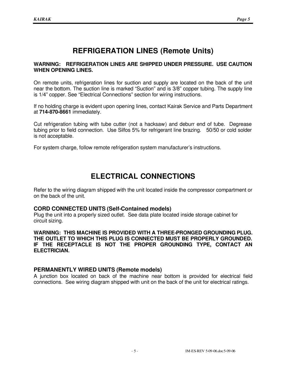 Kairak KRES Electrical Connections, Cord Connected Units Self-Contained models, Permanently Wired Units Remote models 