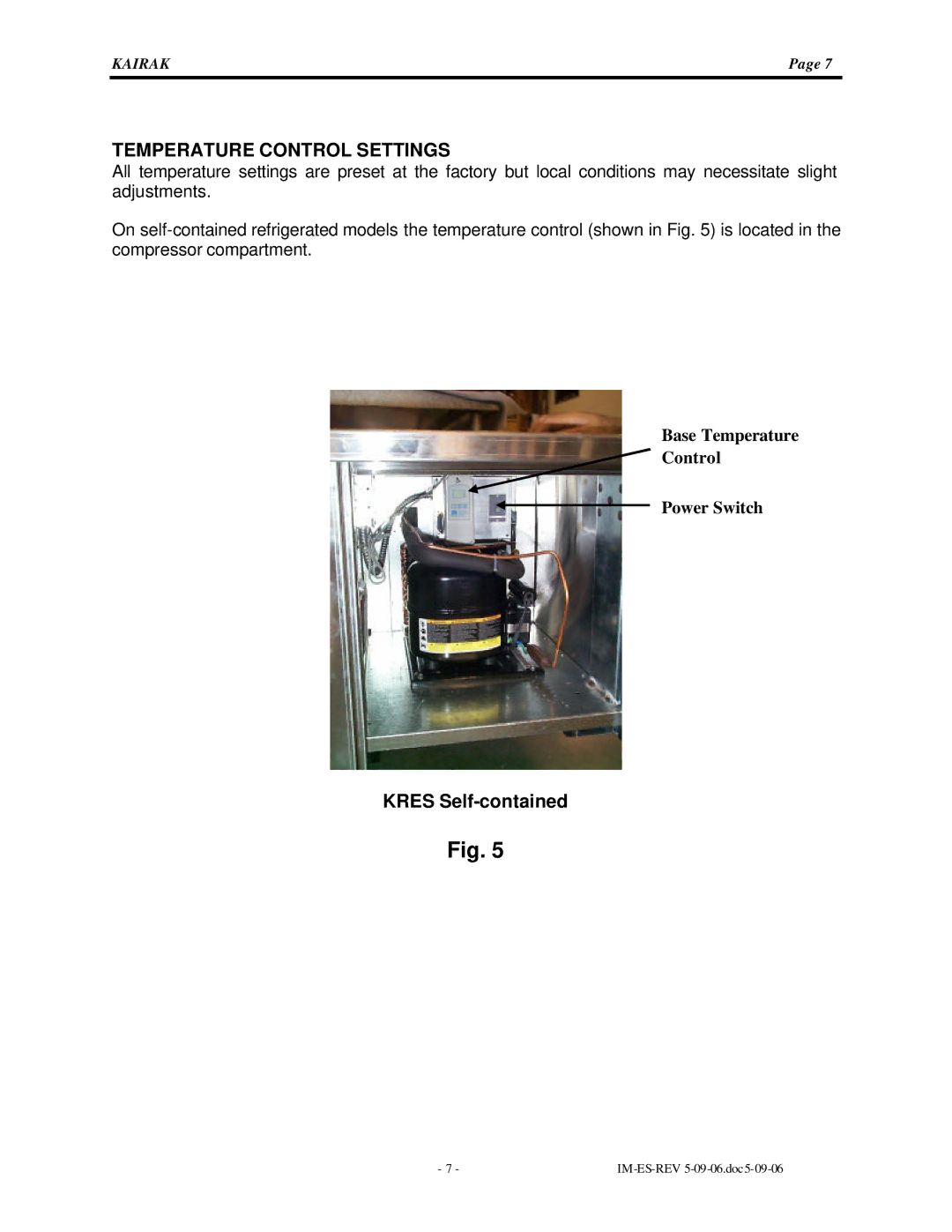 Kairak KRES instruction manual Temperature Control Settings, Kres Self-contained 