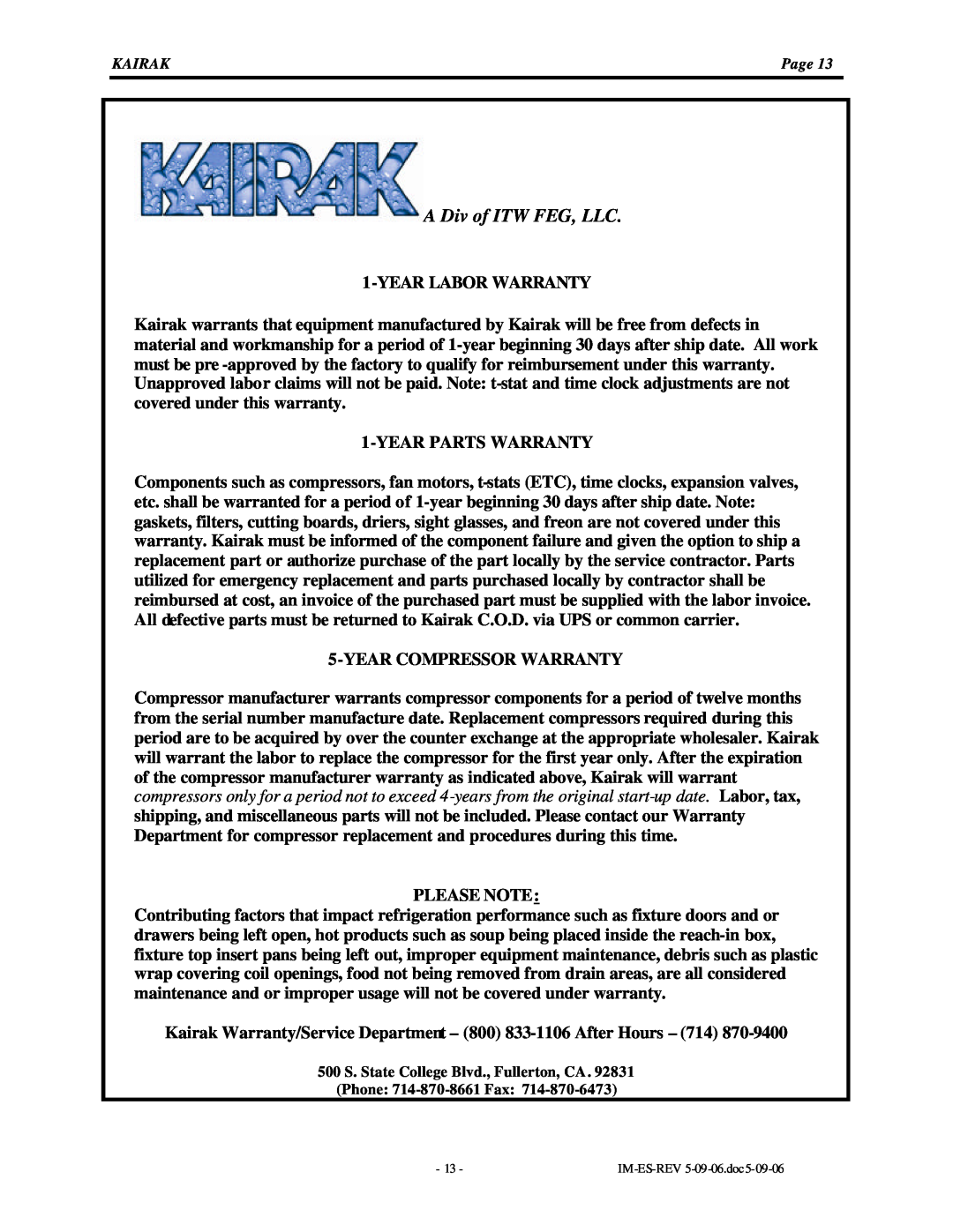 Kairak KRES instruction manual A Div of ITW FEG, LLC, Year Labor Warranty 