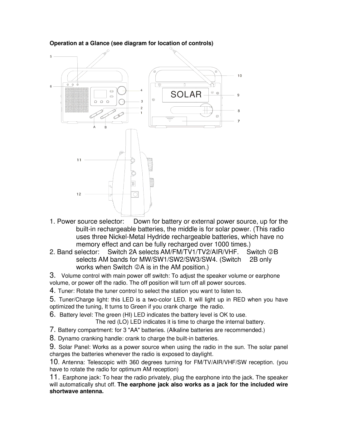 Kaito electronic KA009 manual Solar, Operation at a Glance see diagram for location of controls 