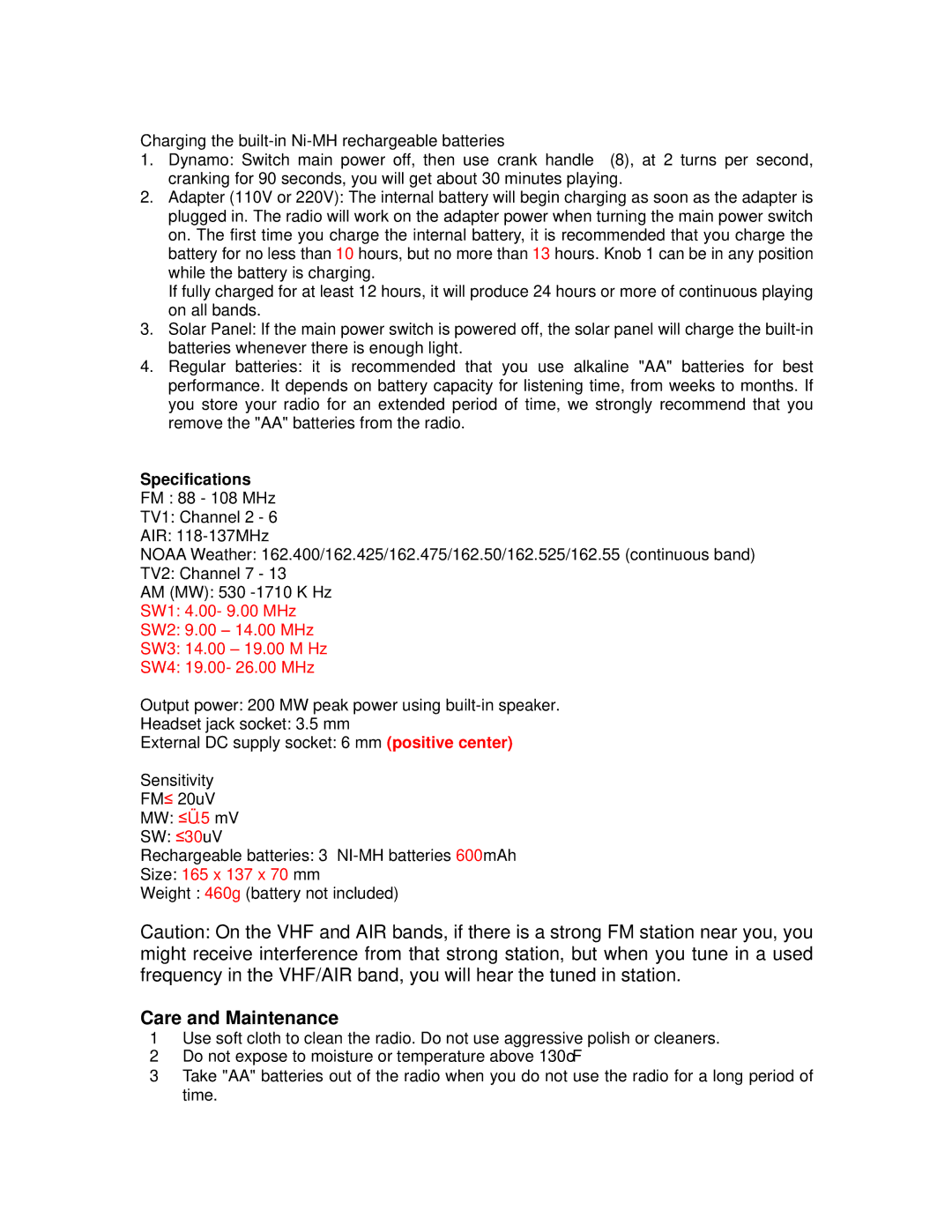 Kaito electronic KA009 manual Specifications FM 88 108 MHz TV1 Channel 2 6 AIR 118-137MHz 