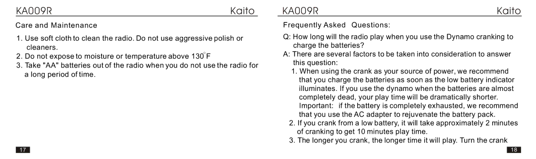 Kaito electronic KA009R manual Care and Maintenance, Frequently Asked Questions 