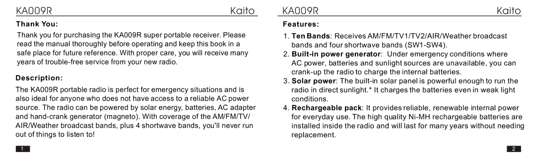 Kaito electronic KA009R manual Thank You, Description, Features 