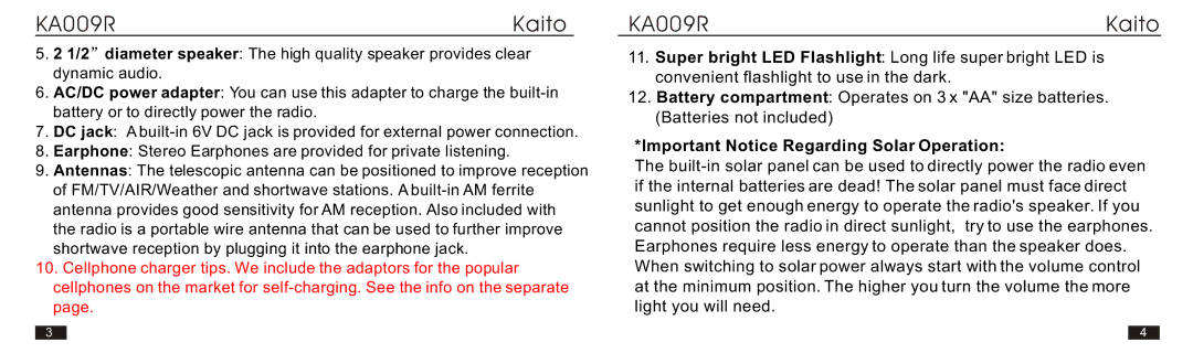 Kaito electronic KA009R manual Important Notice Regarding Solar Operation 