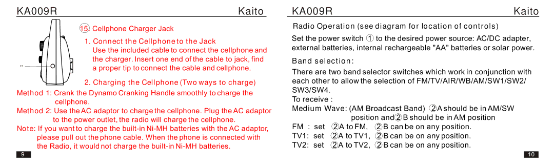 Kaito electronic KA009R manual Radio Operation see diagram for location of controls, Band selection, FM set 