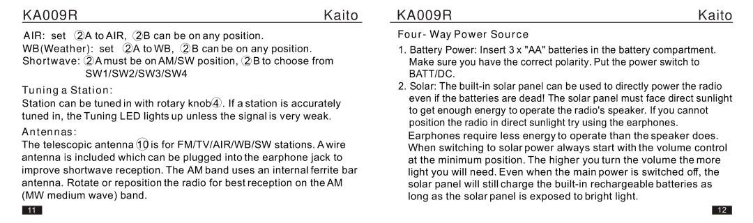 Kaito electronic KA009R manual AIR set, Tuning a Station, Antennas, Four- Way Power Source 