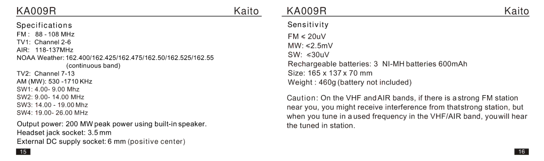 Kaito electronic KA009R manual Specifications, Sensitivity 