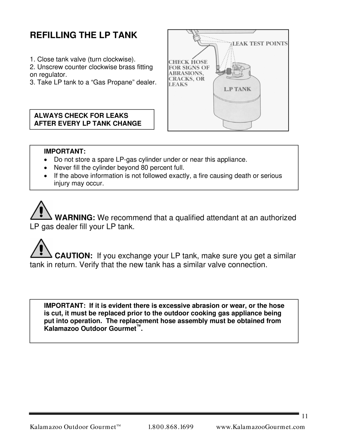 Kalamazoo Outdoor Gourmet Pizza Oven manual Refilling the LP Tank, Always Check for Leaks After Every LP Tank Change 