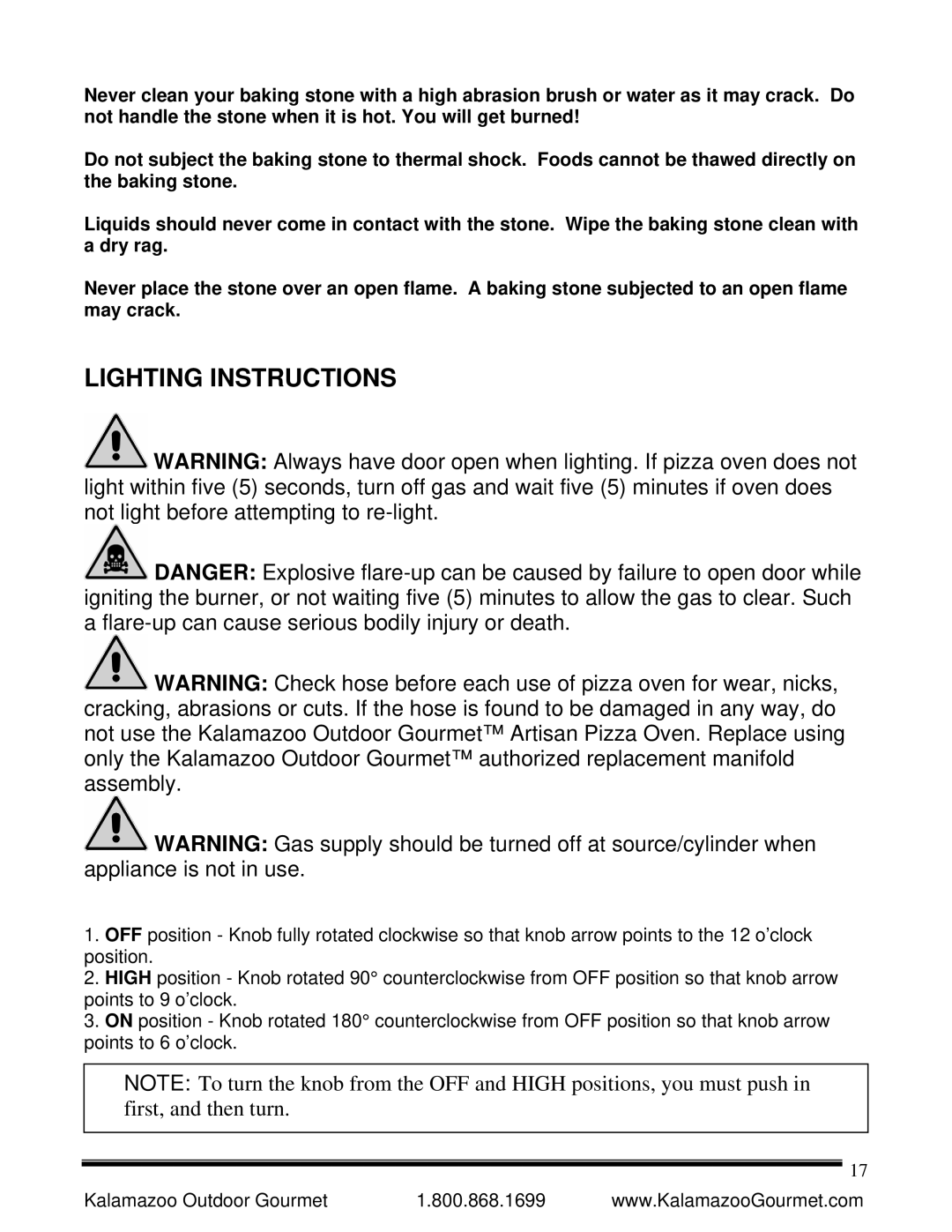 Kalamazoo Outdoor Gourmet Pizza Oven manual Lighting Instructions 