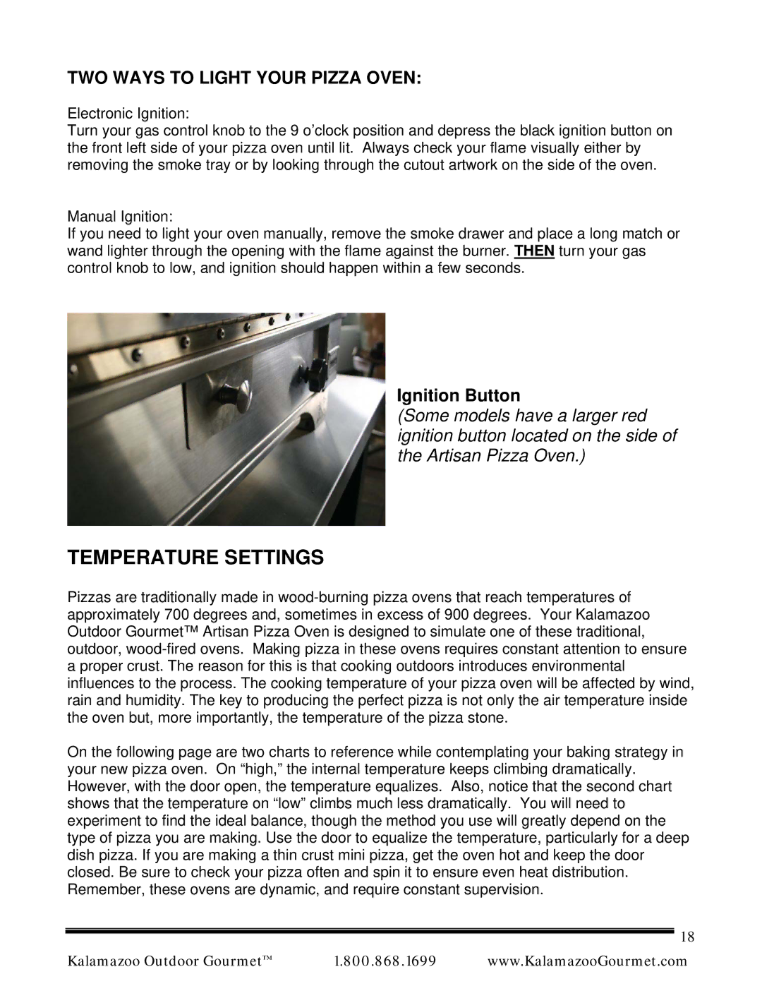 Kalamazoo Outdoor Gourmet manual Temperature Settings, TWO Ways to Light Your Pizza Oven 