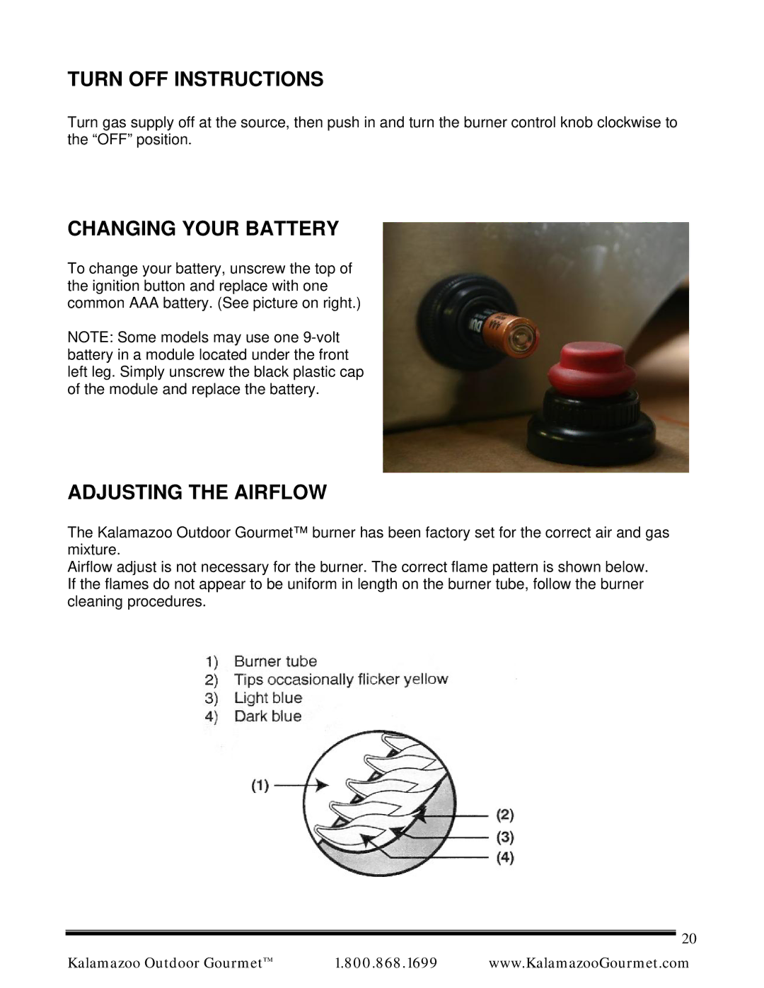 Kalamazoo Outdoor Gourmet Pizza Oven manual Turn OFF Instructions, Changing Your Battery, Adjusting the Airflow 