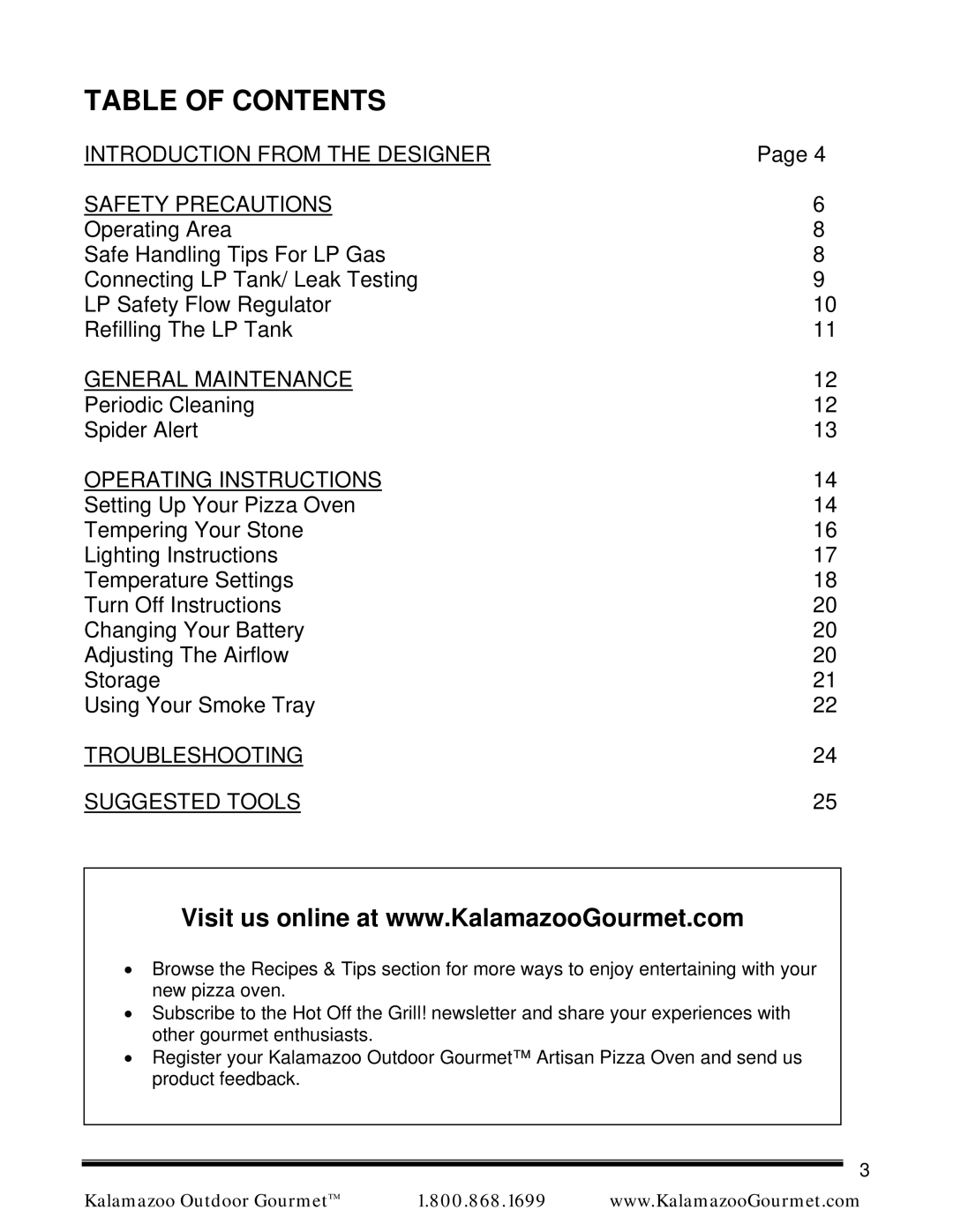 Kalamazoo Outdoor Gourmet Pizza Oven manual Table of Contents 