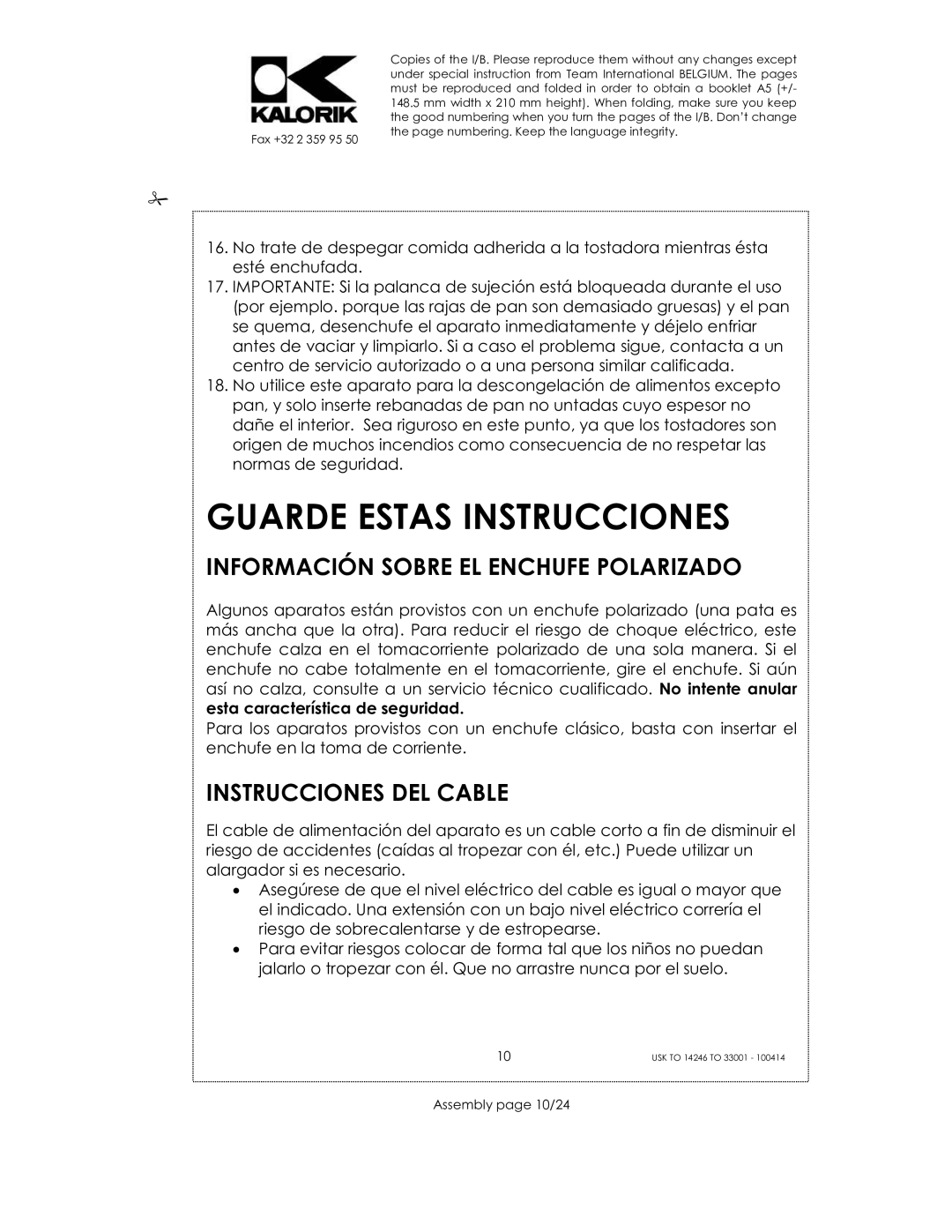 Kalorik 14246 - 33001 manual Guarde Estas Instrucciones, Información Sobre EL Enchufe Polarizado, Instrucciones DEL Cable 