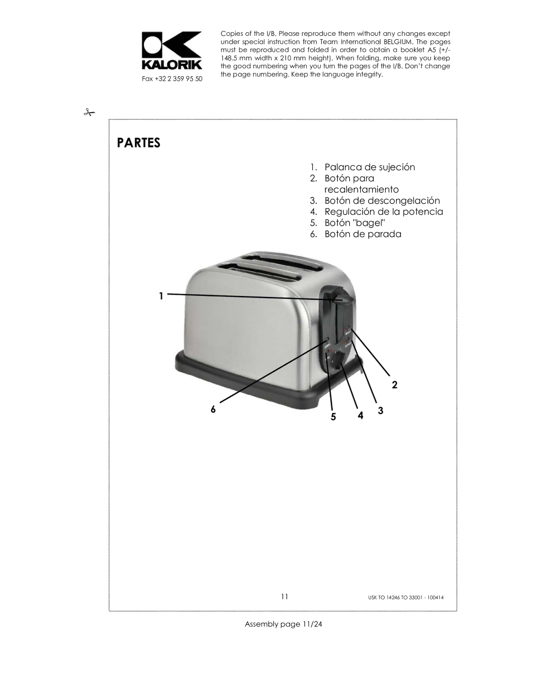 Kalorik 14246 - 33001 manual Partes, Assembly page 11/24 