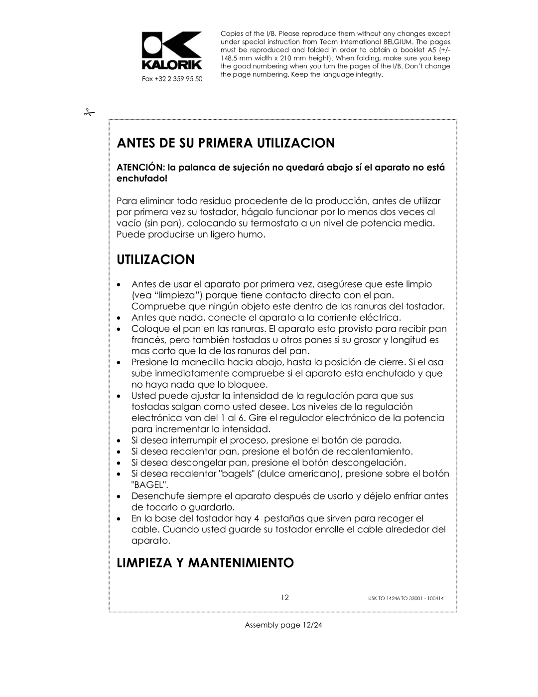 Kalorik 14246 - 33001 manual Antes DE SU Primera Utilizacion, Limpieza Y Mantenimiento, Assembly page 12/24 