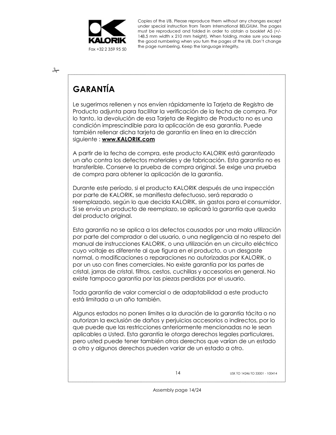 Kalorik 14246 - 33001 manual Garantía, Assembly page 14/24 