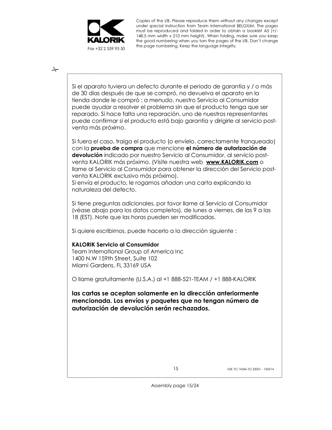 Kalorik 14246 - 33001 manual Kalorik Servicio al Consumidor, Assembly page 15/24 