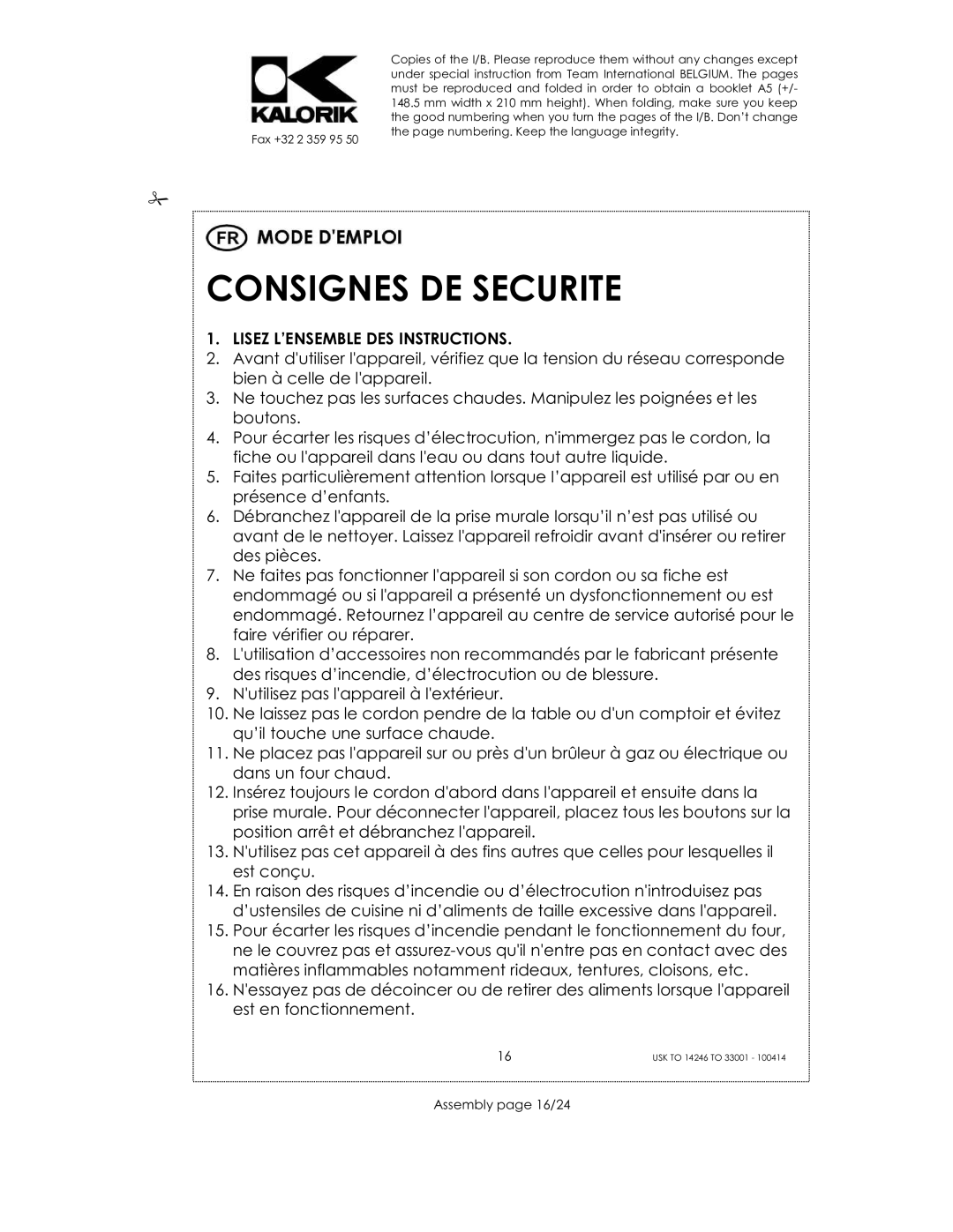 Kalorik 14246 - 33001 manual Consignes DE Securite, Assembly page 16/24 