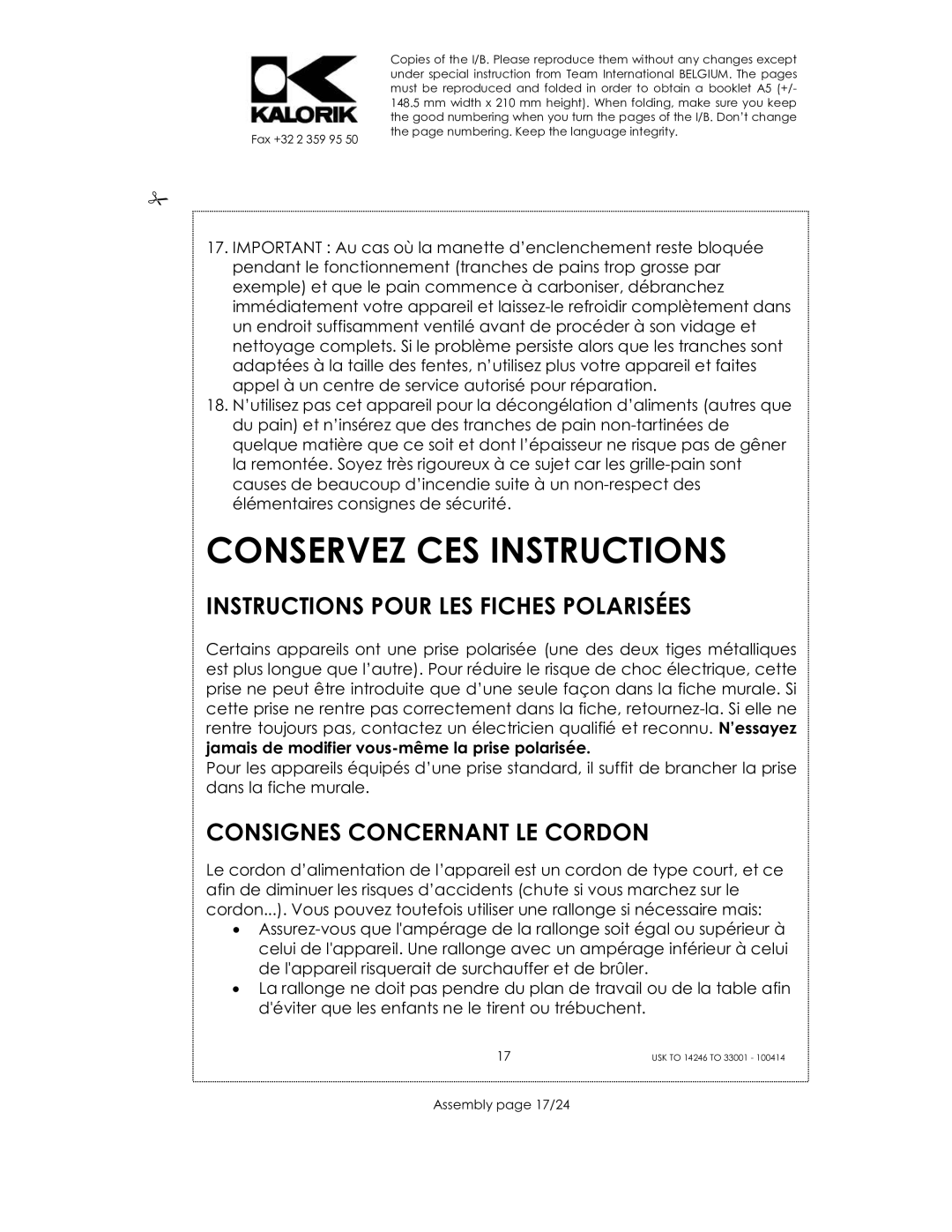 Kalorik 14246 - 33001 Conservez CES Instructions, Instructions Pour LES Fiches Polarisées, Consignes Concernant LE Cordon 