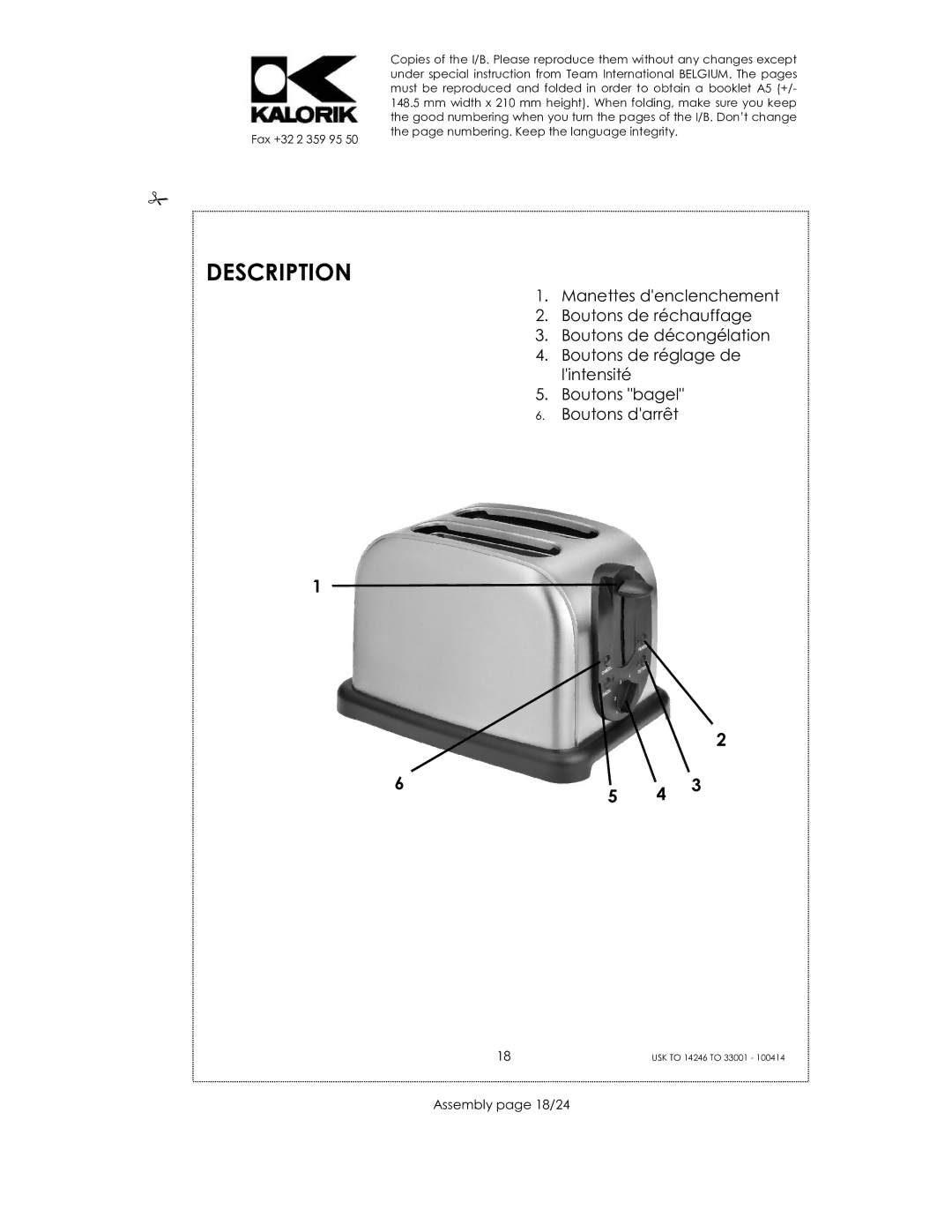 Kalorik 14246 - 33001 manual Description, Assembly page 18/24 