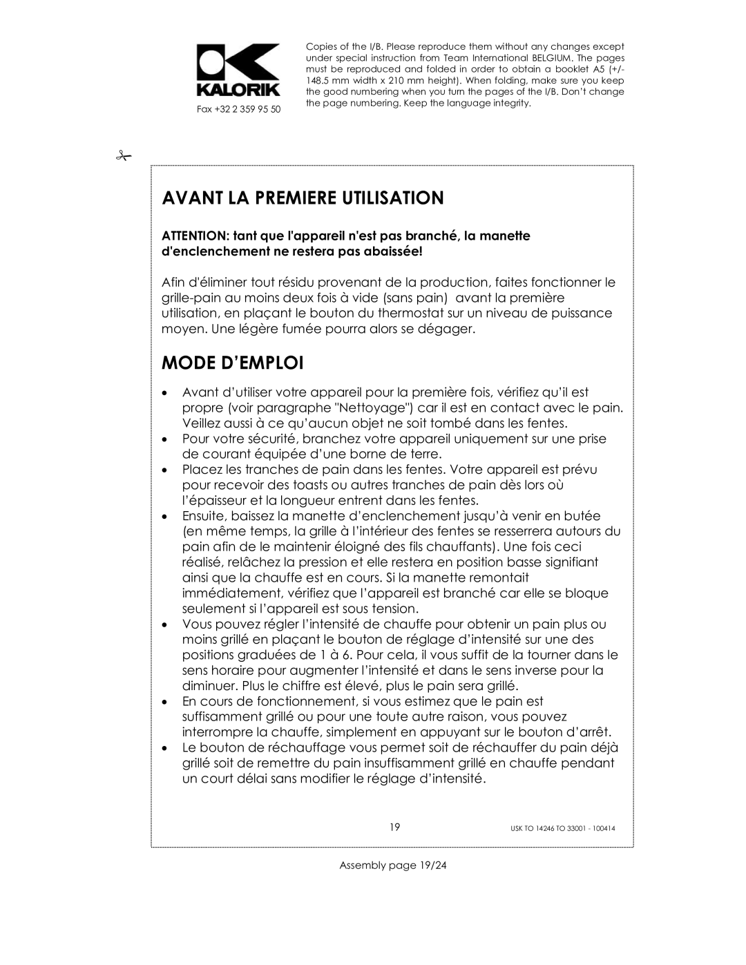 Kalorik 14246 - 33001 manual Avant LA Premiere Utilisation, Mode D’EMPLOI, Assembly page 19/24 