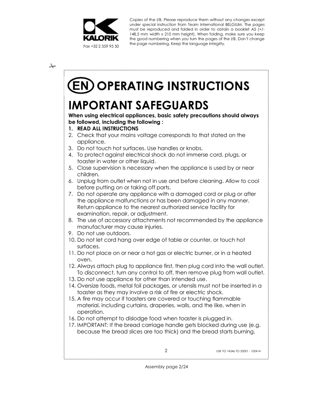 Kalorik 14246 - 33001 manual Important Safeguards, Assembly page 2/24 