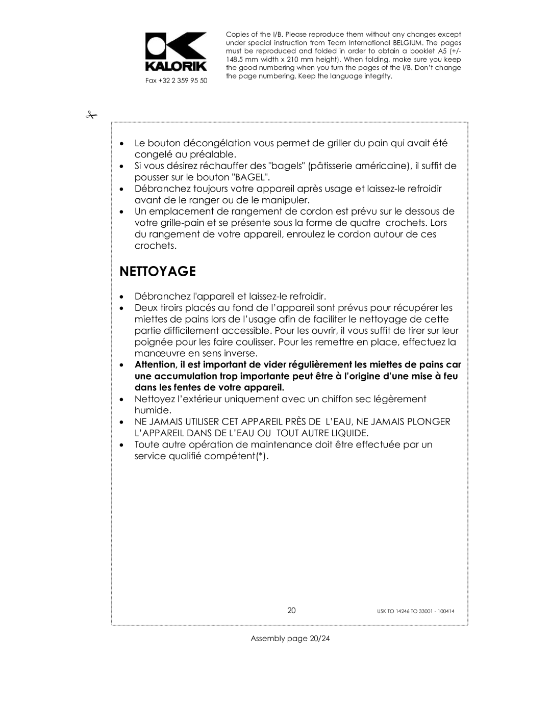 Kalorik 14246 - 33001 manual Nettoyage, Assembly page 20/24 