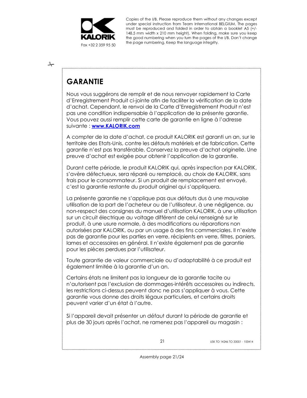 Kalorik 14246 - 33001 manual Garantie, Assembly page 21/24 