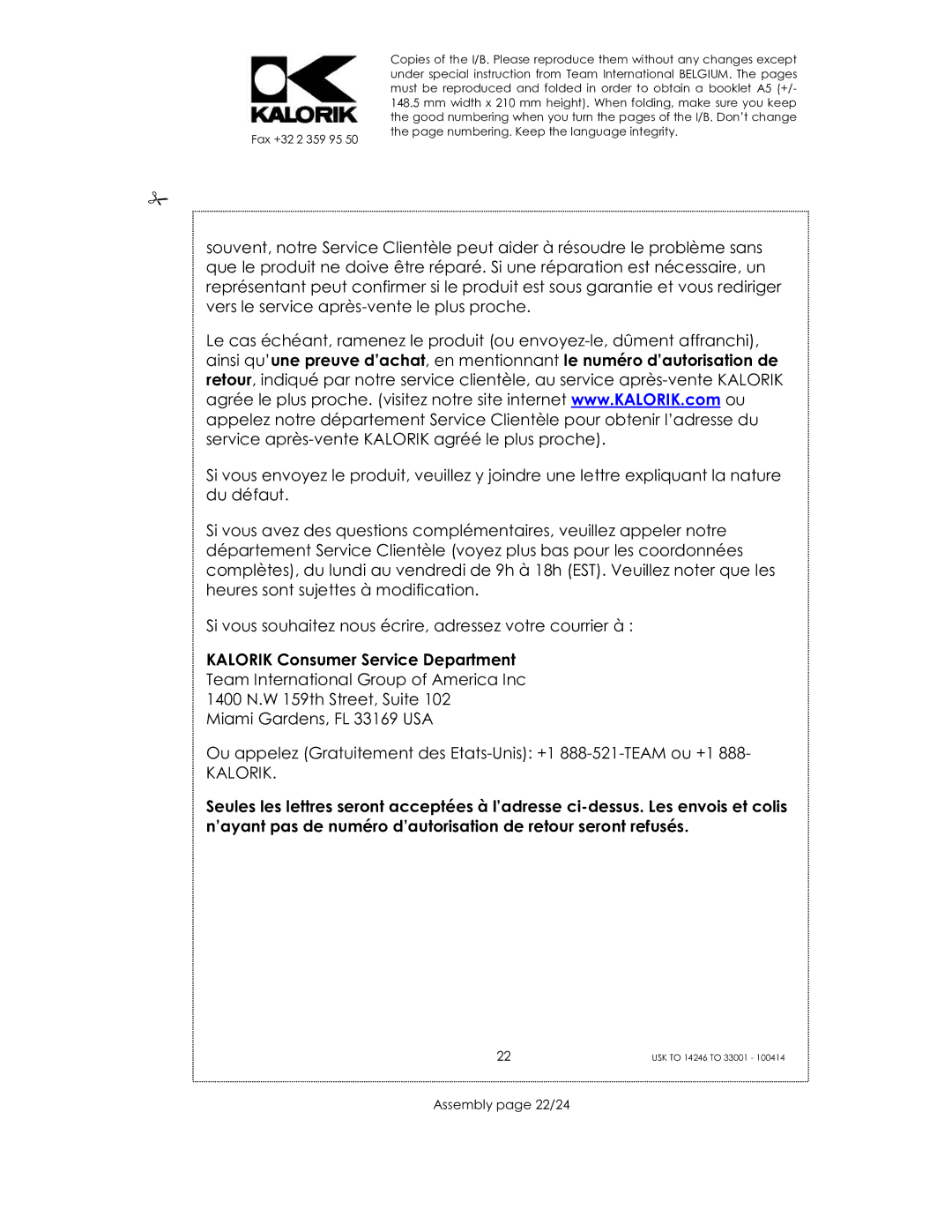 Kalorik 14246 - 33001 manual Kalorik Consumer Service Department, Assembly page 22/24 