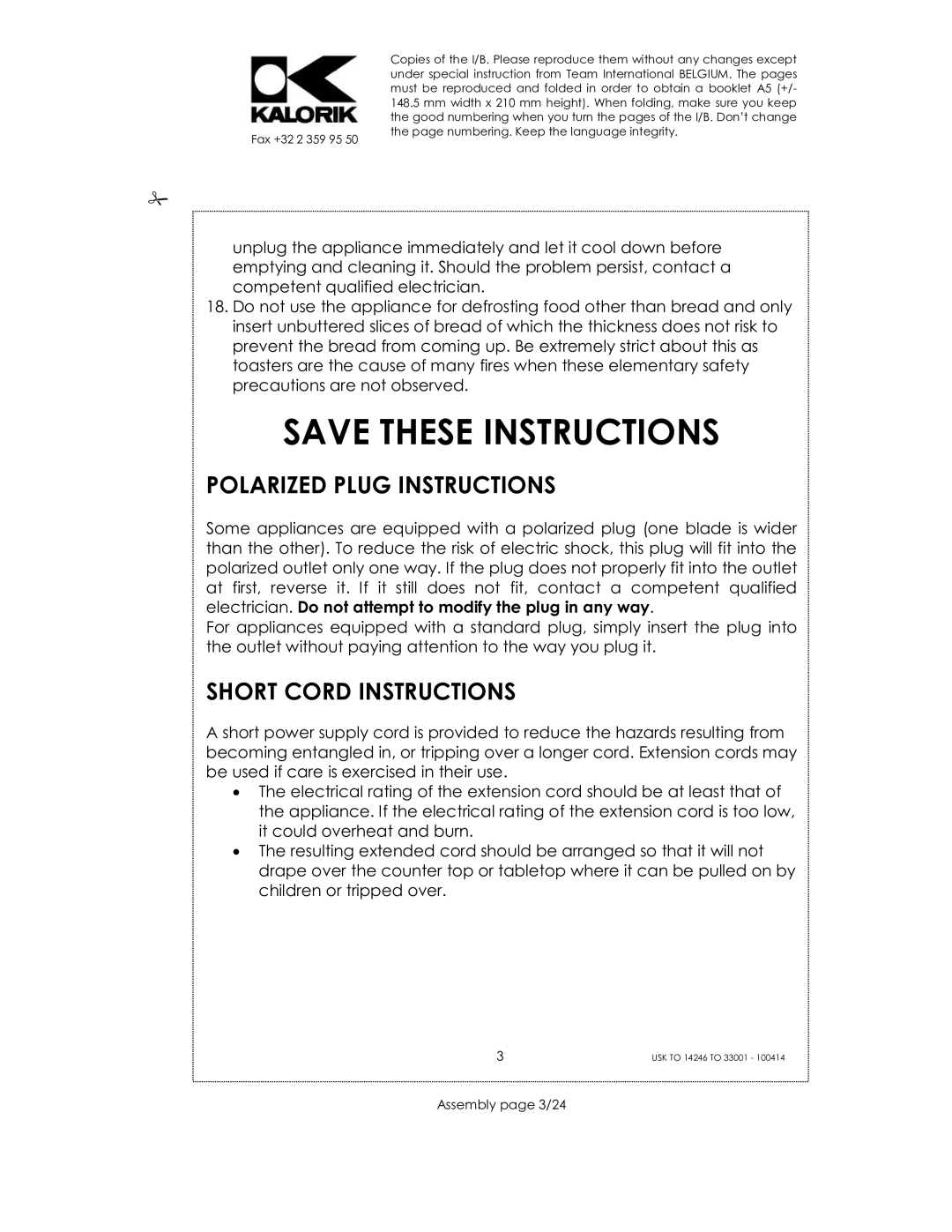 Kalorik 14246 - 33001 manual Polarized Plug Instructions, Short Cord Instructions, Assembly page 3/24 