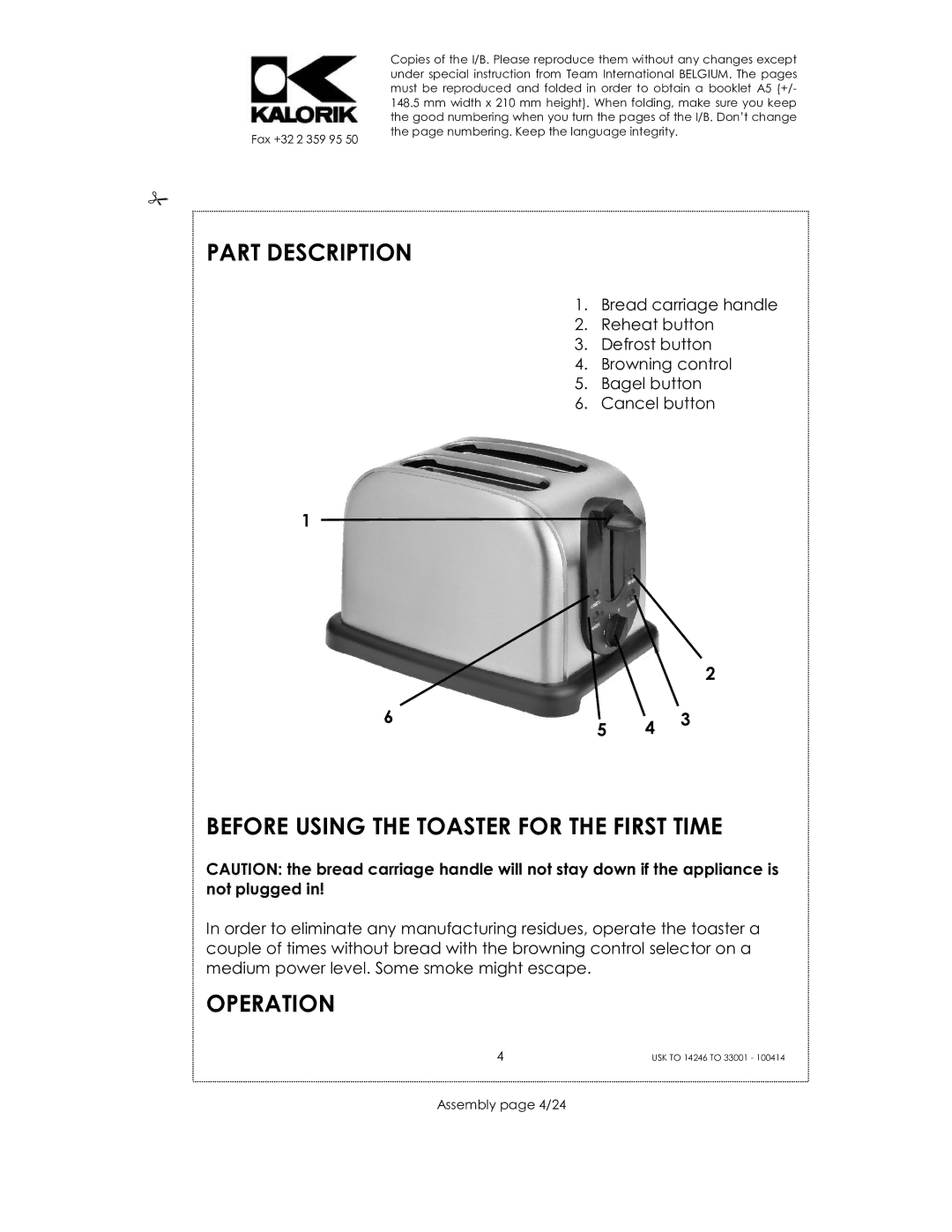 Kalorik 14246 - 33001 manual Part Description, Before Using the Toaster for the First Time, Operation, Assembly page 4/24 