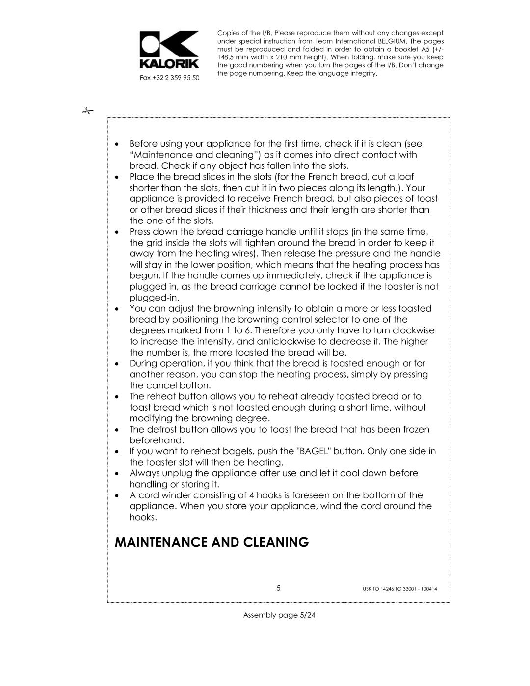 Kalorik 14246 - 33001 manual Maintenance and Cleaning, Assembly page 5/24 