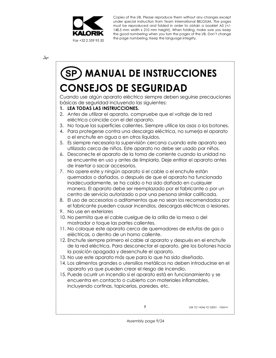 Kalorik 14246 - 33001 manual Consejos DE Seguridad, Assembly page 9/24 