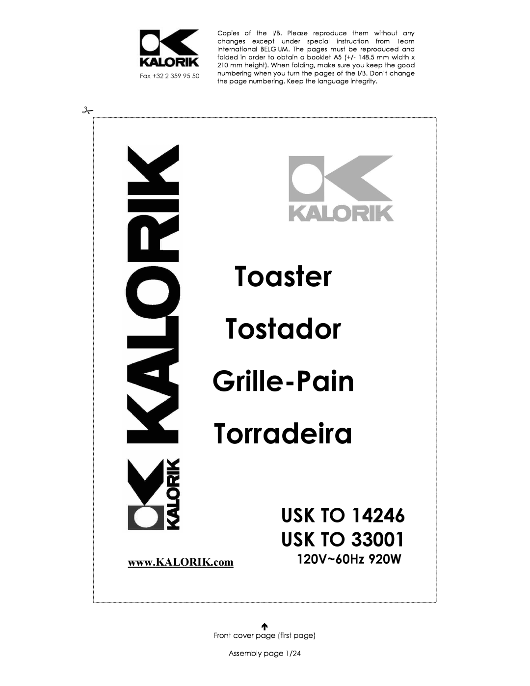 Kalorik 14246 - 33001 manual 120V~60Hz 920W, Toaster Tostador Grille-Pain Torradeira, Usk To 