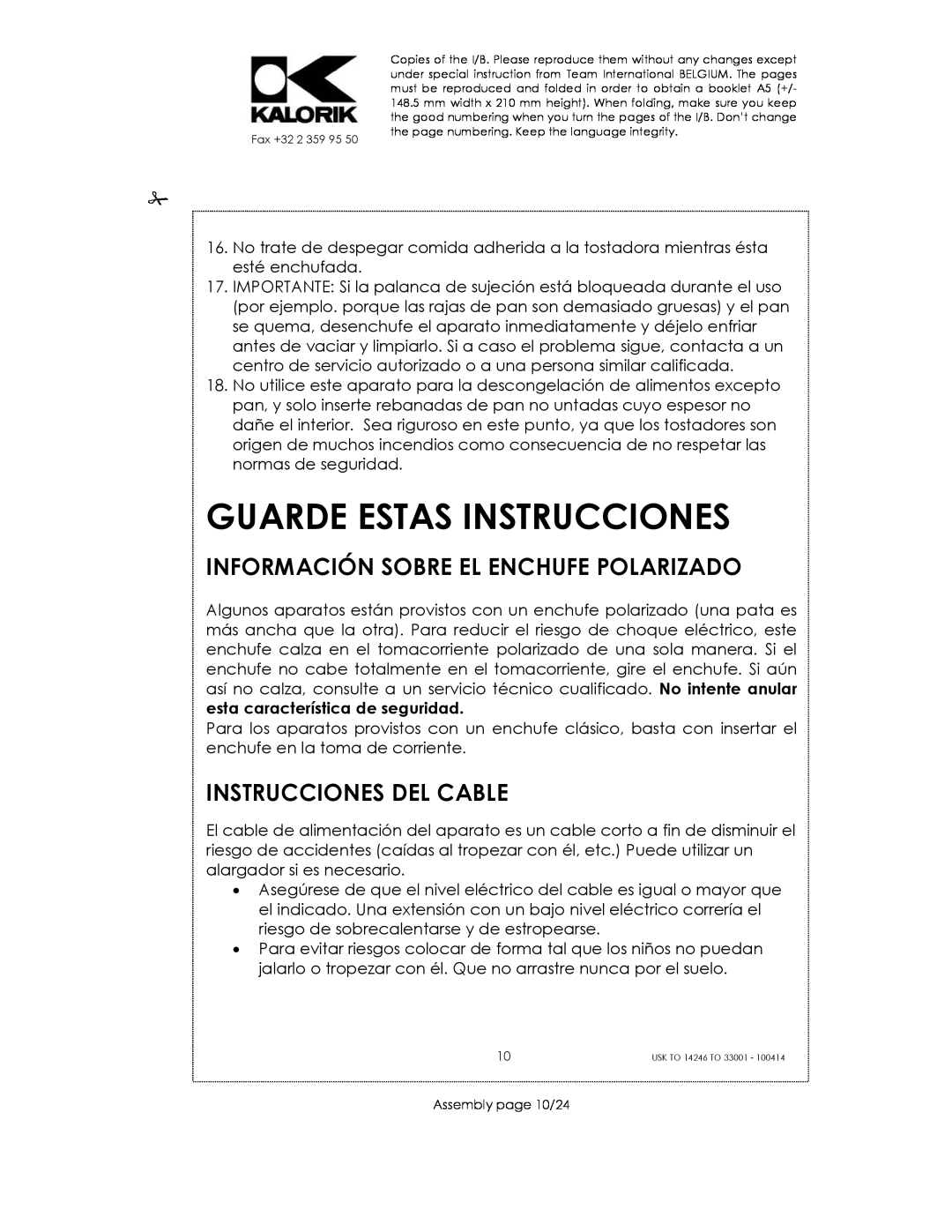 Kalorik 14246 - 33001 manual Guarde Estas Instrucciones, Información Sobre El Enchufe Polarizado, Instrucciones Del Cable 