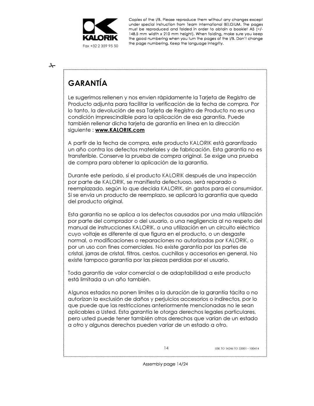Kalorik 14246 - 33001 manual Garantía, Assembly page 14/24 