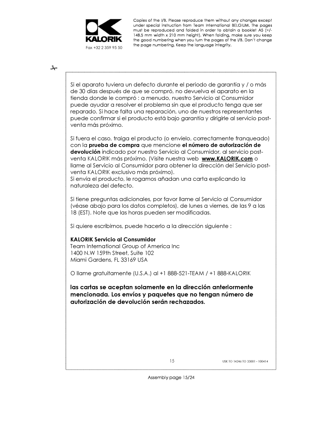 Kalorik 14246 - 33001 manual KALORIK Servicio al Consumidor 