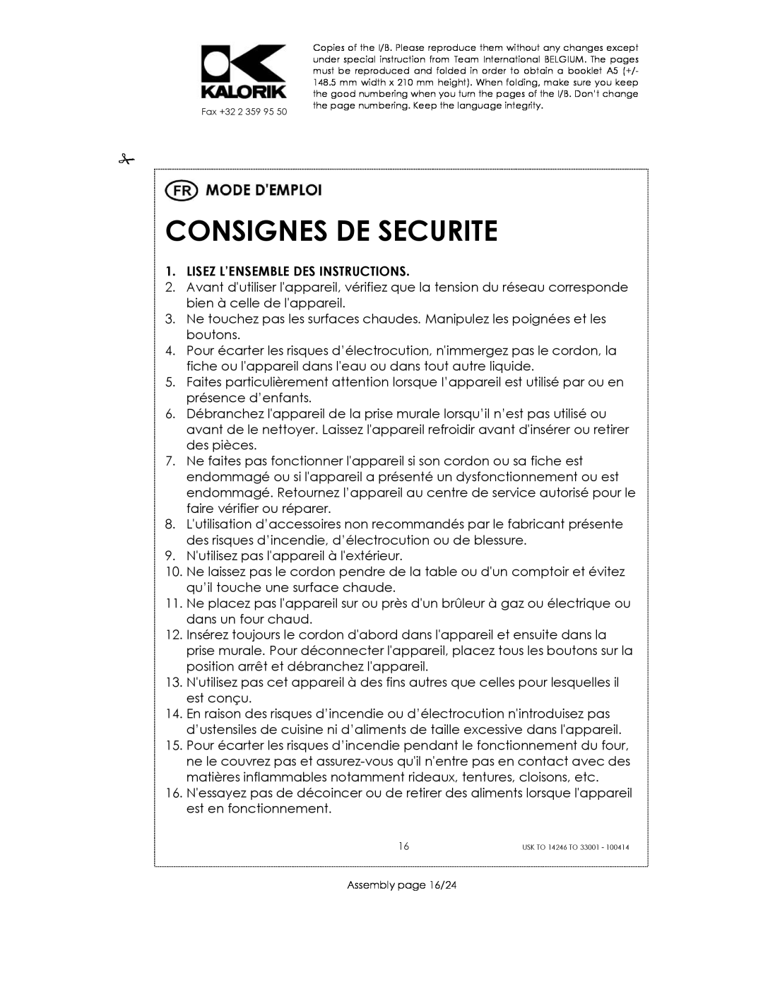 Kalorik 14246 - 33001 manual Consignes De Securite, Lisez L’Ensemble Des Instructions 