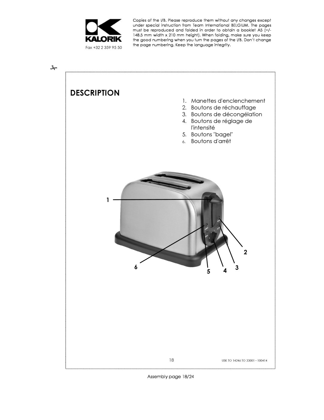 Kalorik 14246 - 33001 manual Description, Manettes denclenchement, Boutons de réchauffage, Boutons de décongélation 