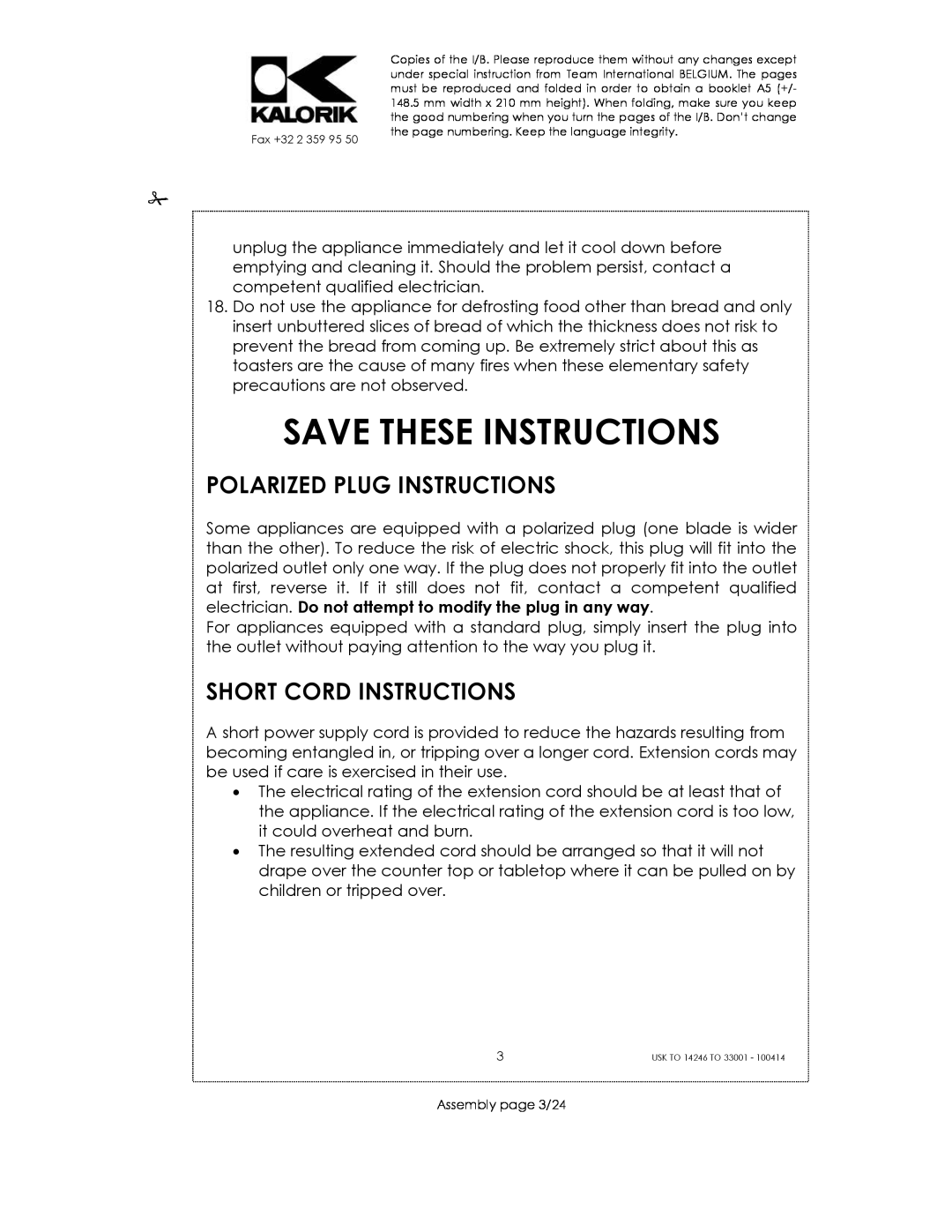 Kalorik 14246 - 33001 manual Save These Instructions, Polarized Plug Instructions, Short Cord Instructions 