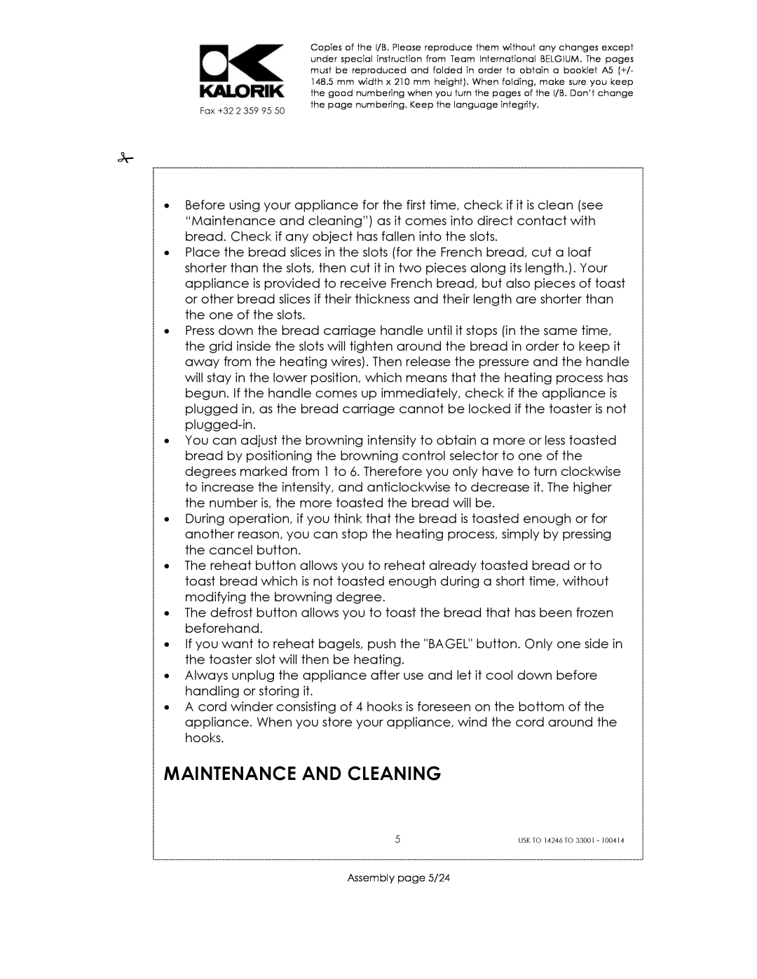 Kalorik 14246 - 33001 manual Maintenance And Cleaning, Assembly page 5/24 