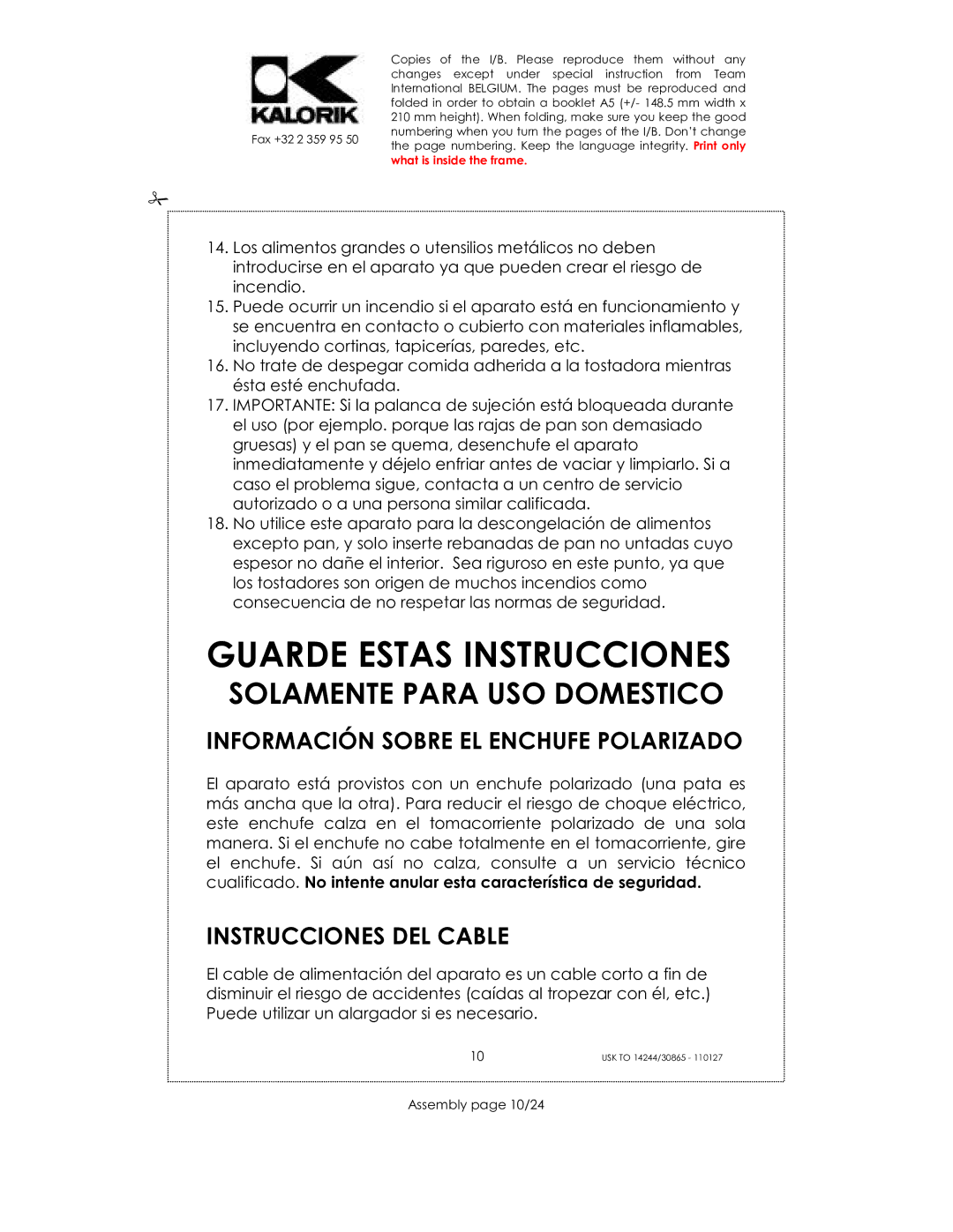 Kalorik 14244, 30865, 35481 Guarde Estas Instrucciones, Información Sobre EL Enchufe Polarizado, Instrucciones DEL Cable 