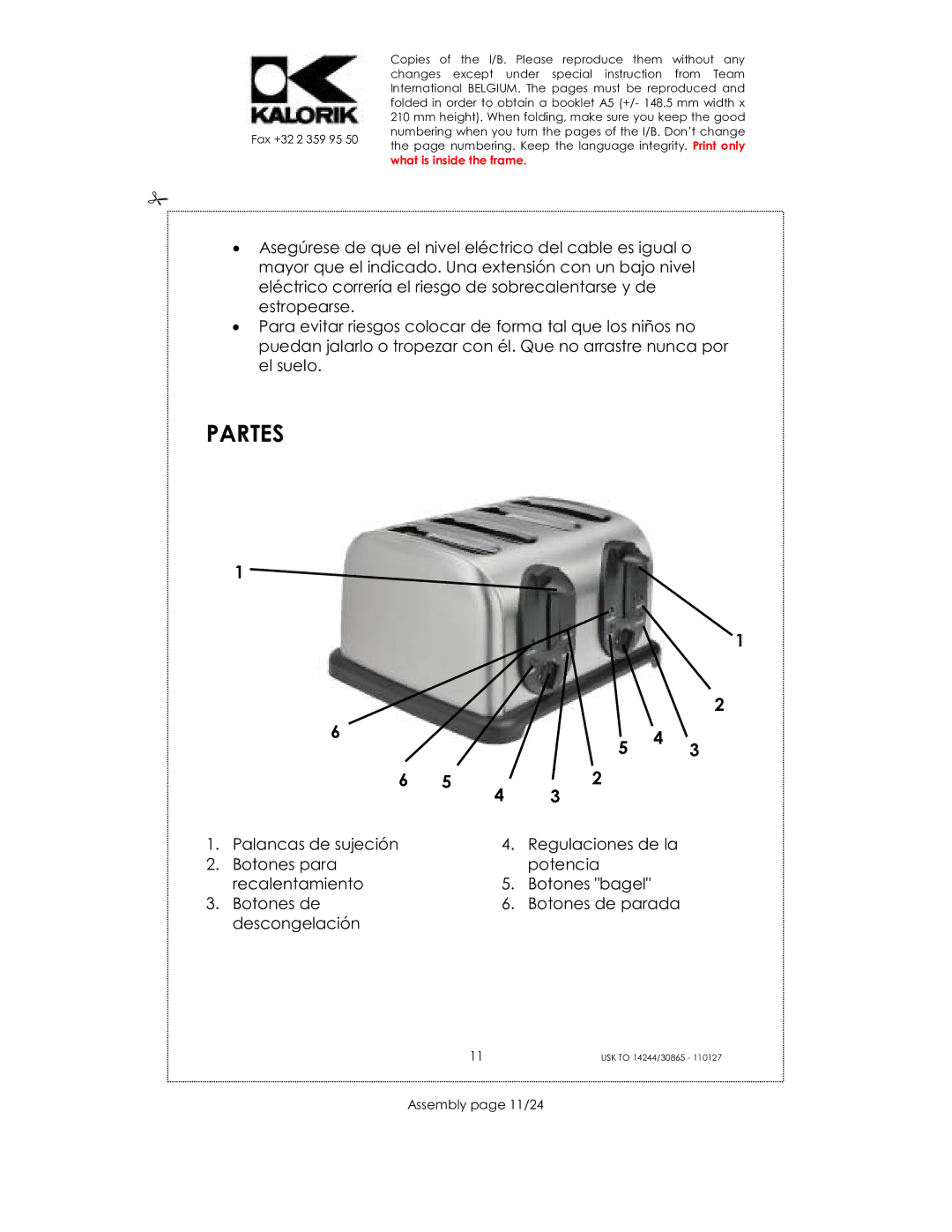 Kalorik 35481, 30865, 14244 manual Partes, Assembly page 11/24 